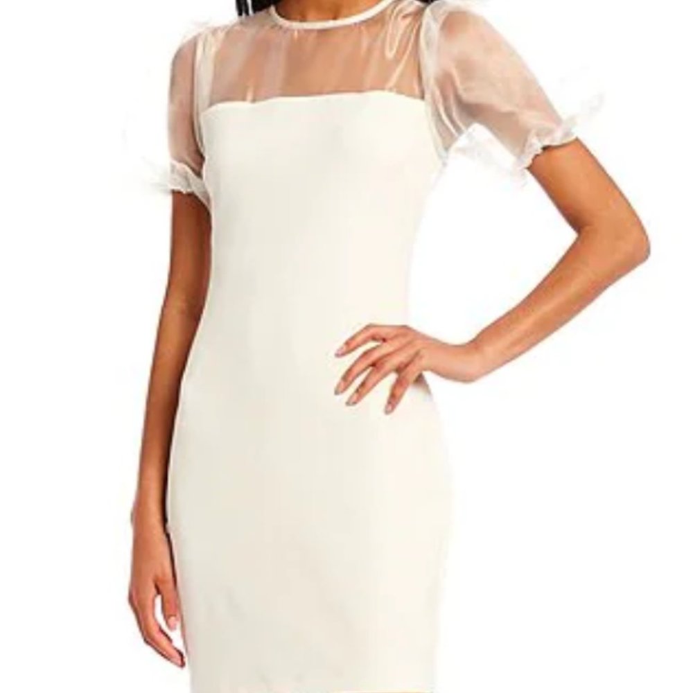 Organza Puffed-Sleeve Scuba Crepe Sheath Dress